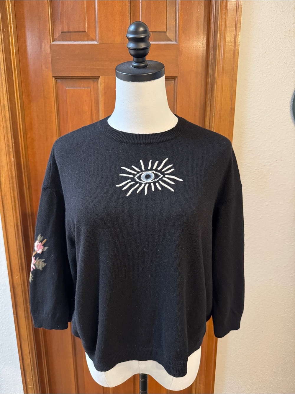RED Valentino Black Knit Sweater with Red Heart and White Script Size M